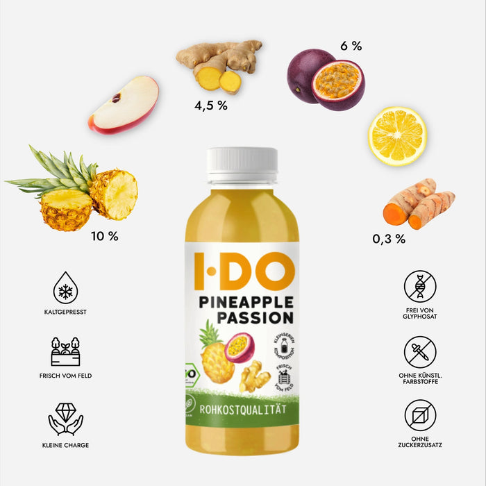 Pineapple Passion (6 x 240 ml) Bio Ananassaft mit Passionsfrucht, Ingwer, Kurkuma, Apfel und Zitrone. - Green Shopping Days