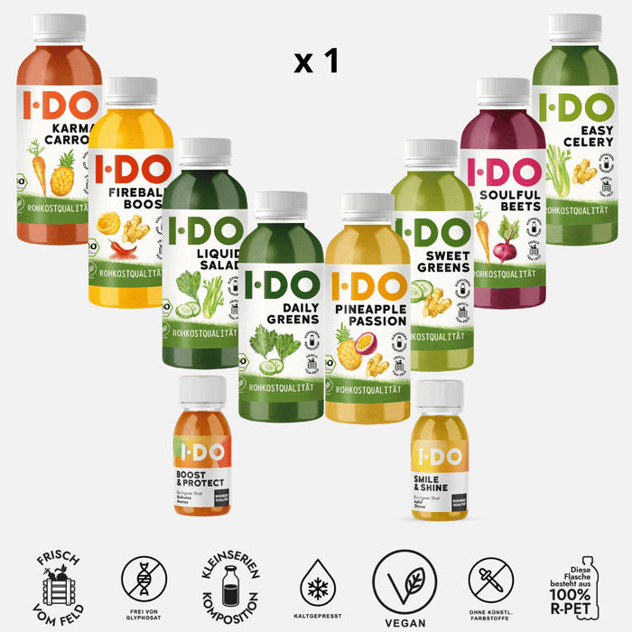 Alle I·DO Bio Säfte und Ingwer Shots - Rohkostqualität · Kaltgepresster · Nie erhitzt - Green Shopping Days