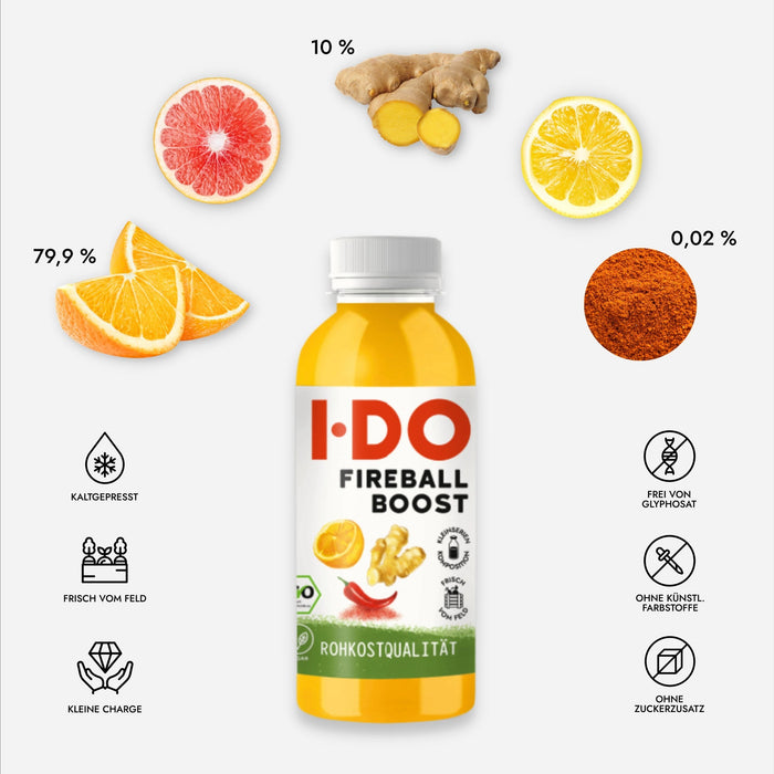 Fireball Boost (6 x 240 ml) Bio Ingwer Shot mit Orange, Grapefruit, Zitrone und Cayennepfeffer - Green Shopping Days