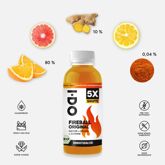 Fireball Original (6 x 300 ml) 6 Bio Ingwer Maxi Shots mit Ingwer, Orange, Grapefruit und Cayennepfeffer - Green Shopping Days